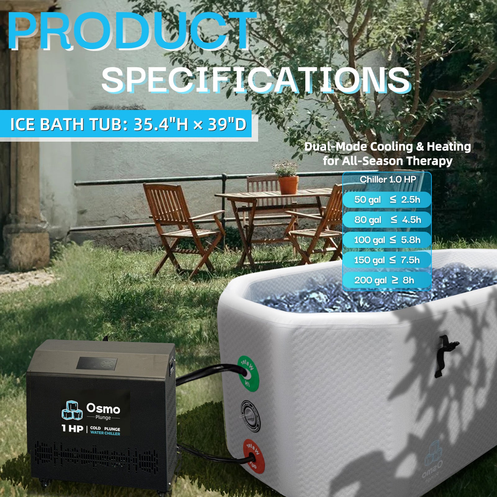 Inflatable Slanted-edge Ice Bath Tub with 1 HP Water Chiller