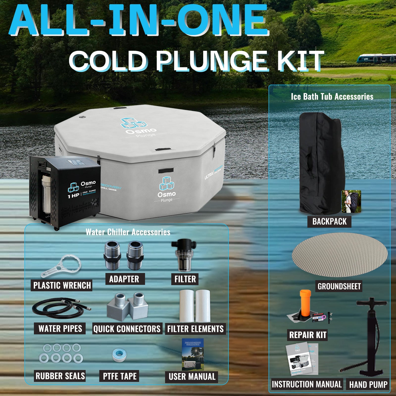 Inflatable Octagonal Ice Bath Tub with 1 HP Water Chiller